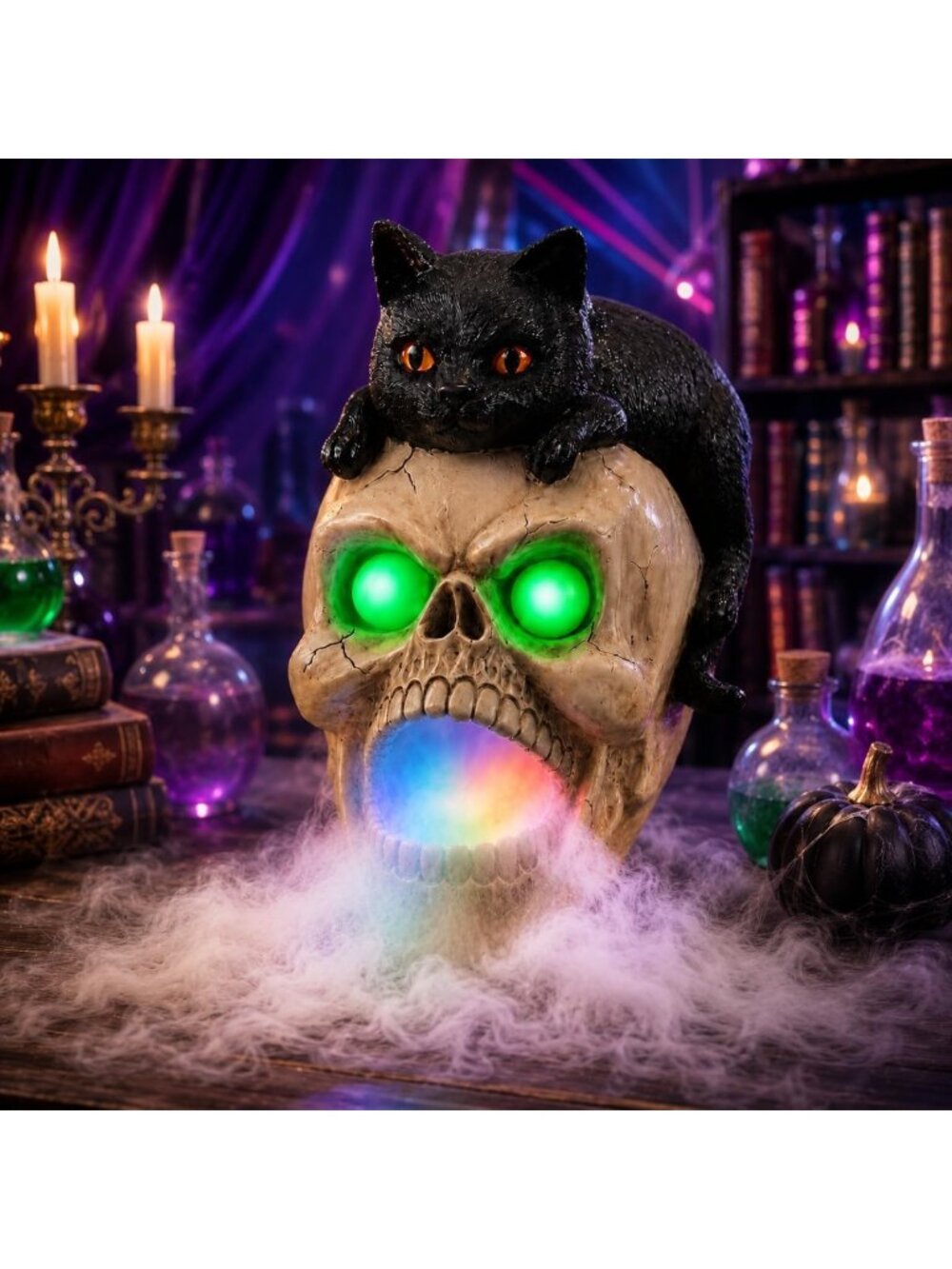 Gothic Halloween Skull Statue & Black Cat with LED Eyes, Fog Machine Prop